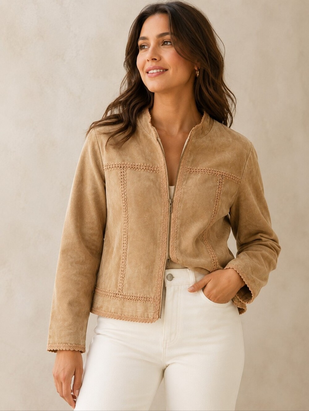 Cabela's 100% Genuine Leather Women's Light Brown Suede Zip Jacket